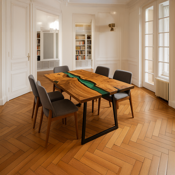 Clear Green Resin Epoxy Solid Walnut Dining Table