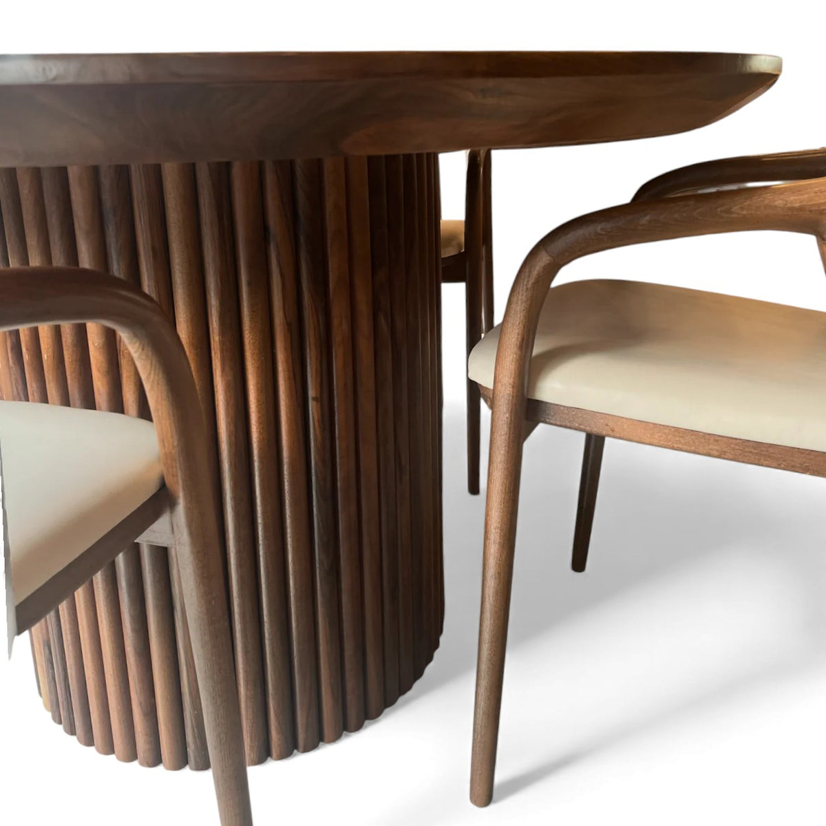 Japandi Round Walnut Nook Table with Fluted Cylinder Legs