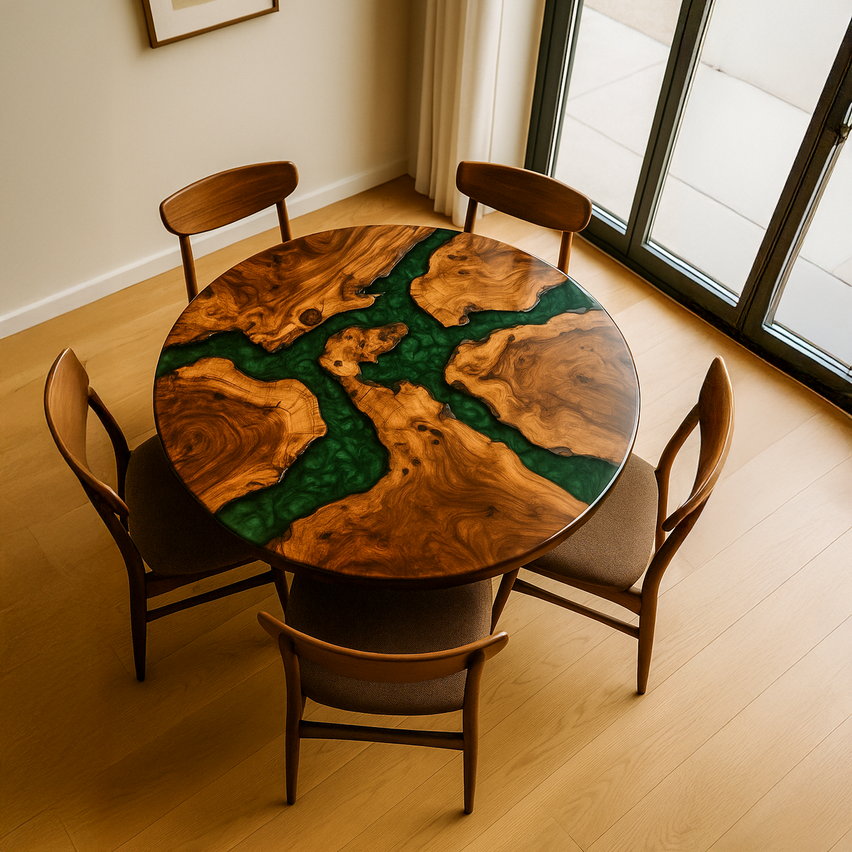 Green Epoxy Round Walnut Table