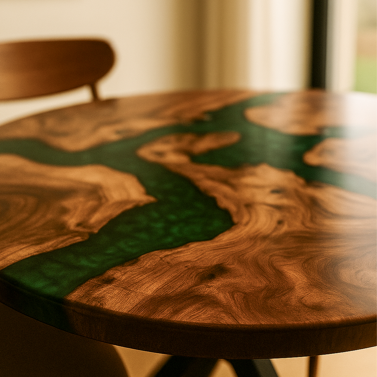 Green Epoxy Round Walnut Table