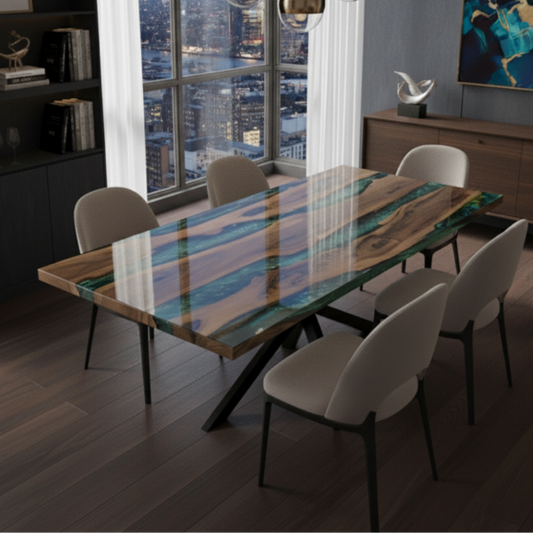 Resin River Pearl Green Epoxy Walnut Live Edge Table