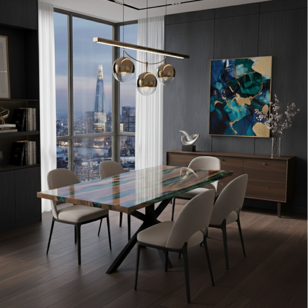 Resin River Pearl Green Epoxy Walnut Live Edge Table