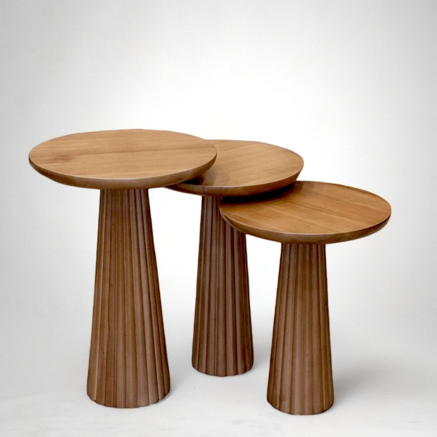 Fluted Walnut Mushroom Solid Wood Round End Table | Ribbed Walnut Colour Side Table