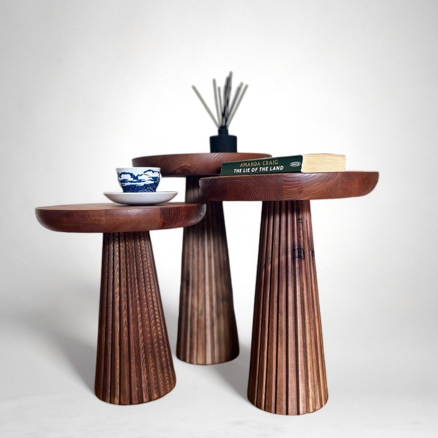 Fluted Walnut Mushroom Solid Wood Round End Table | Ribbed Walnut Colour Side Table