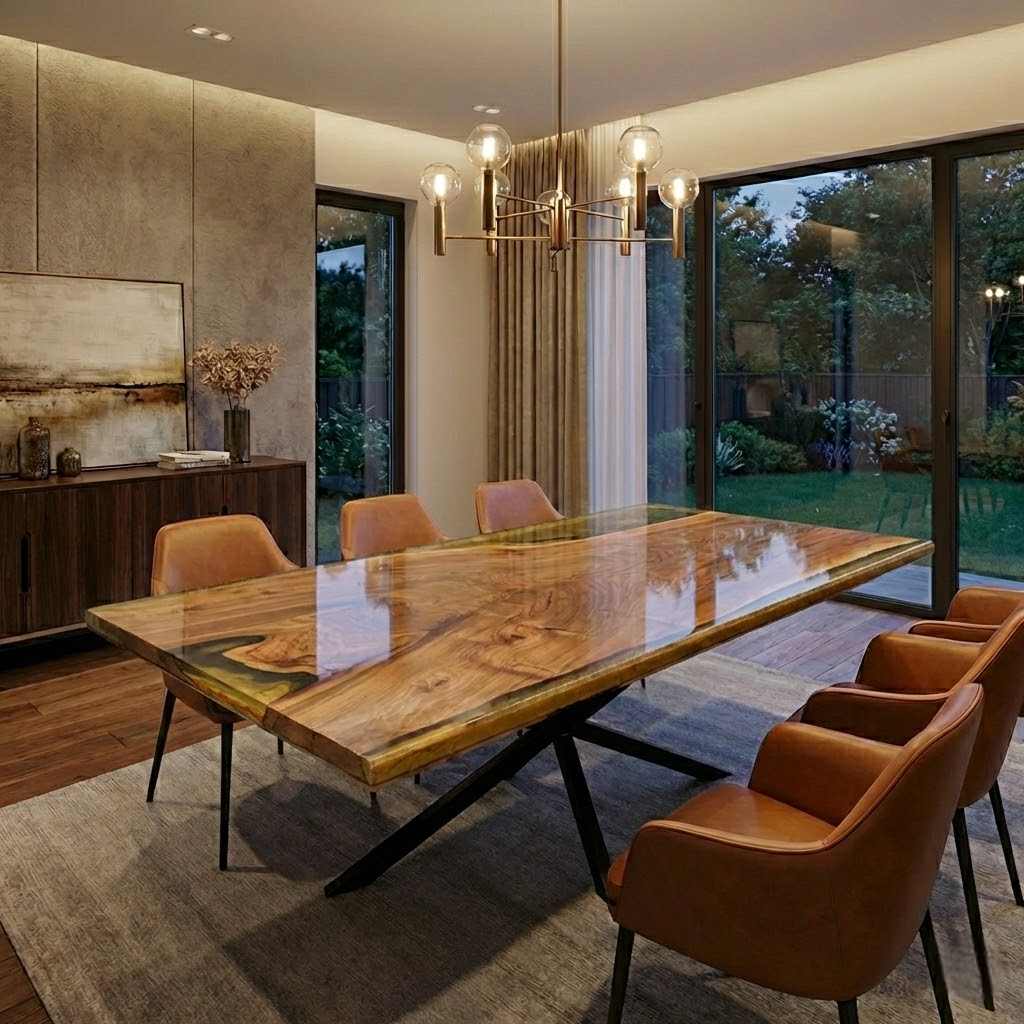 One Piece Walnut Epoxy Gold Walnut Live Edge Table