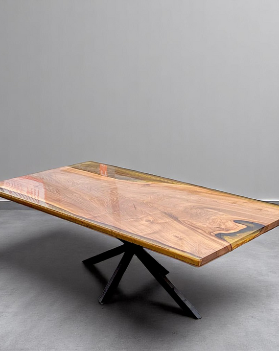 One Piece Walnut Epoxy Gold Walnut Live Edge Table