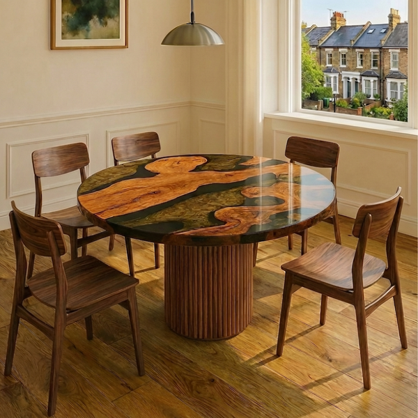 Round Gold Epoxy Resin River Table with Metal Leg