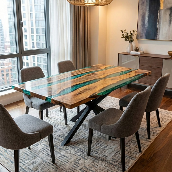Resin River Pearl Green Epoxy Walnut Live Edge Table