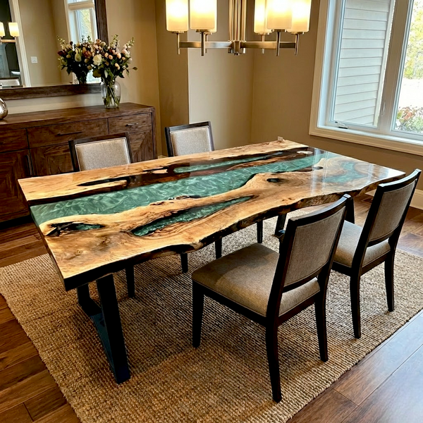Green Epoxy Resin River Natural Walnut Live Edge Table