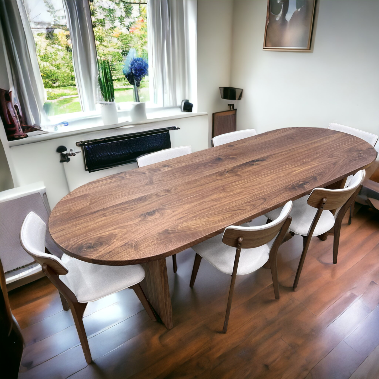 Oval Dark Walnut Dining Table with Walnut Wood Double Pedestal