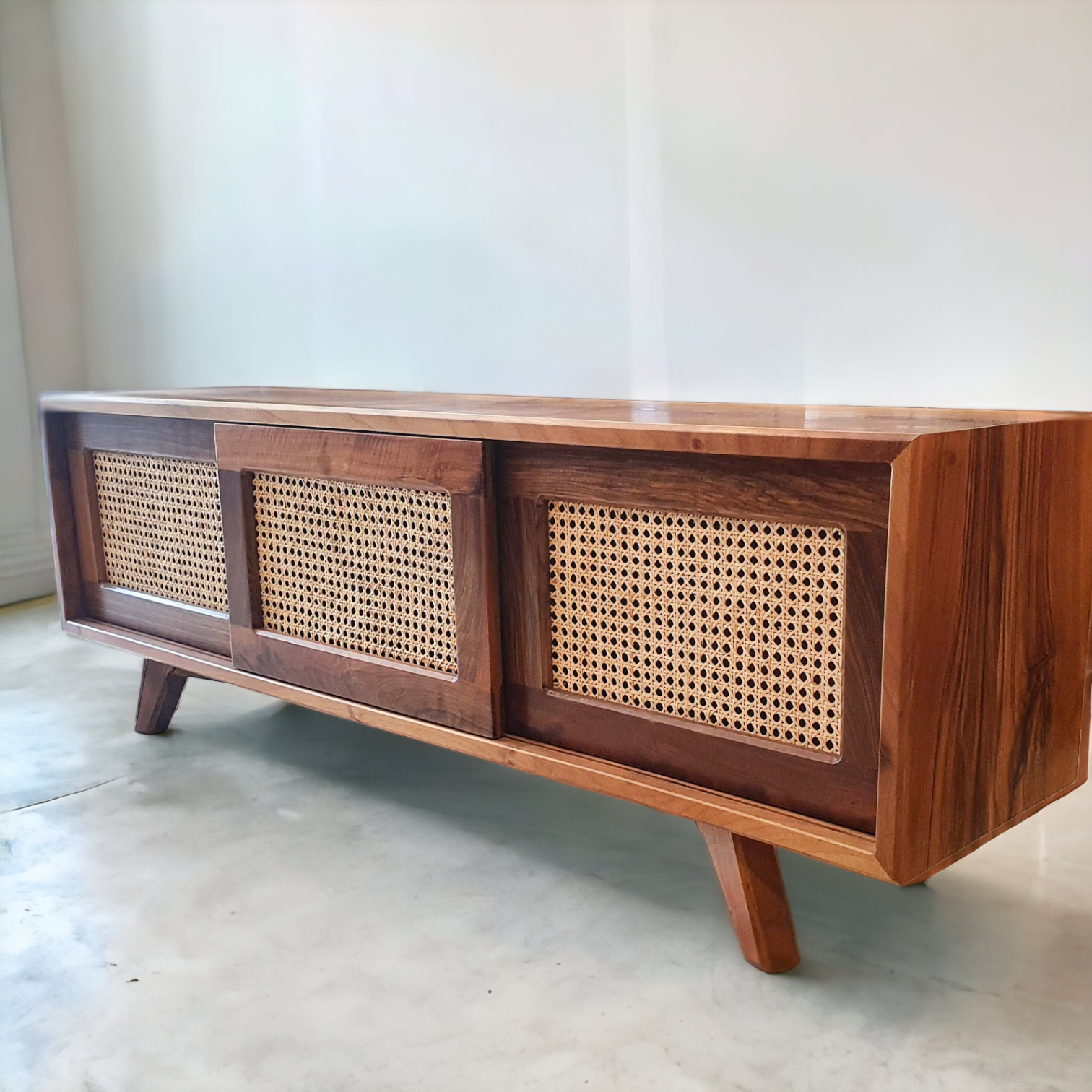 Wicker Walnut Wood TV Unit Natural Wooden and Media Console