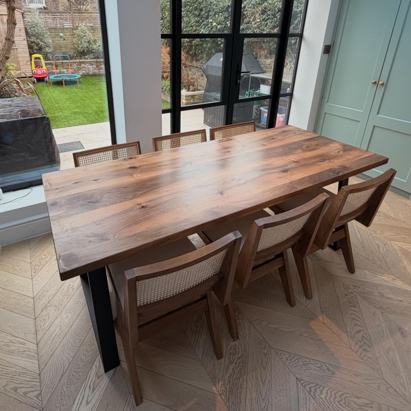 Straight Edge Walnut Dining Table & Conference Room Table with Metal Legs |  Industrial Design Walnut Table