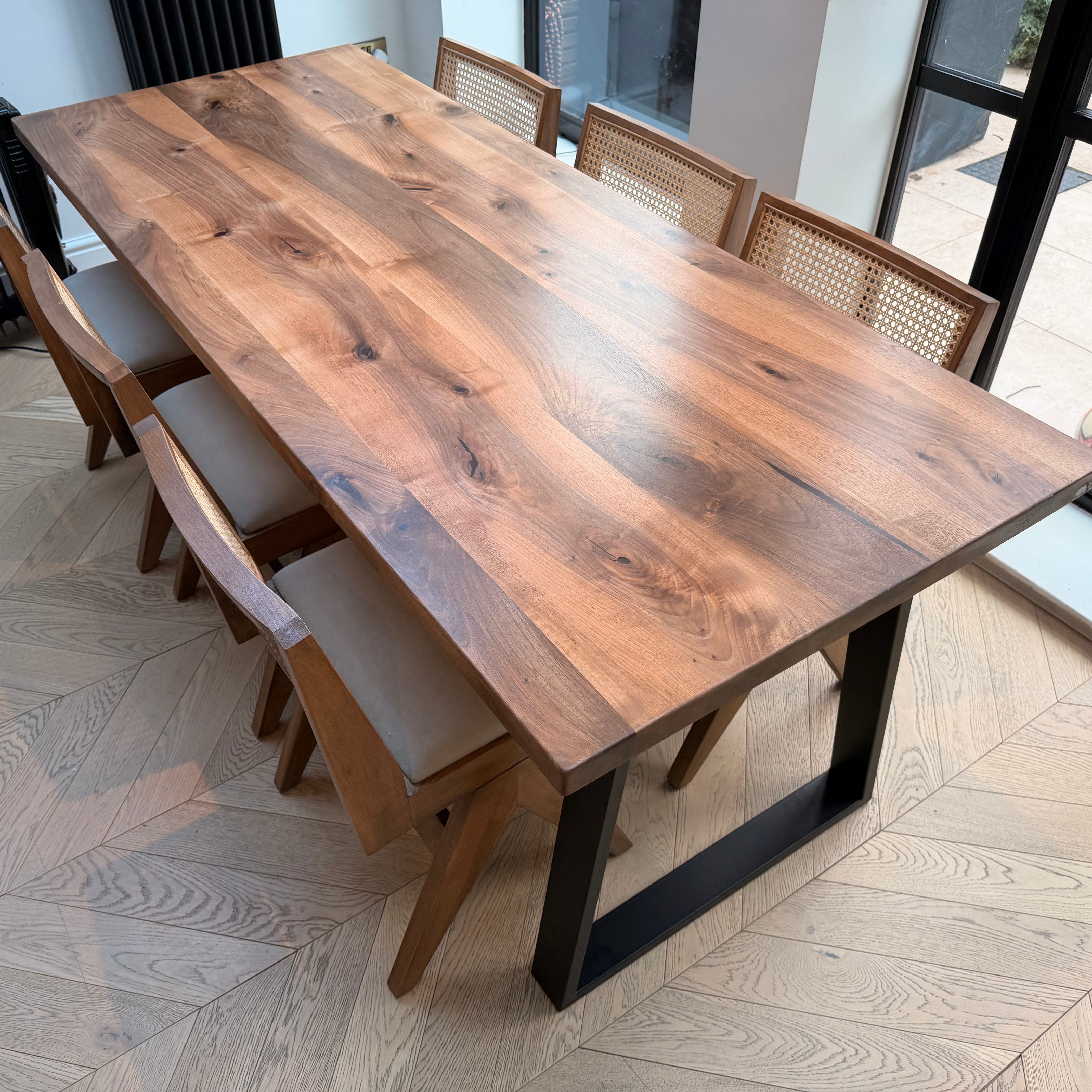 Straight Edge Walnut Dining Table & Conference Room Table with Metal Legs |  Industrial Design Walnut Table