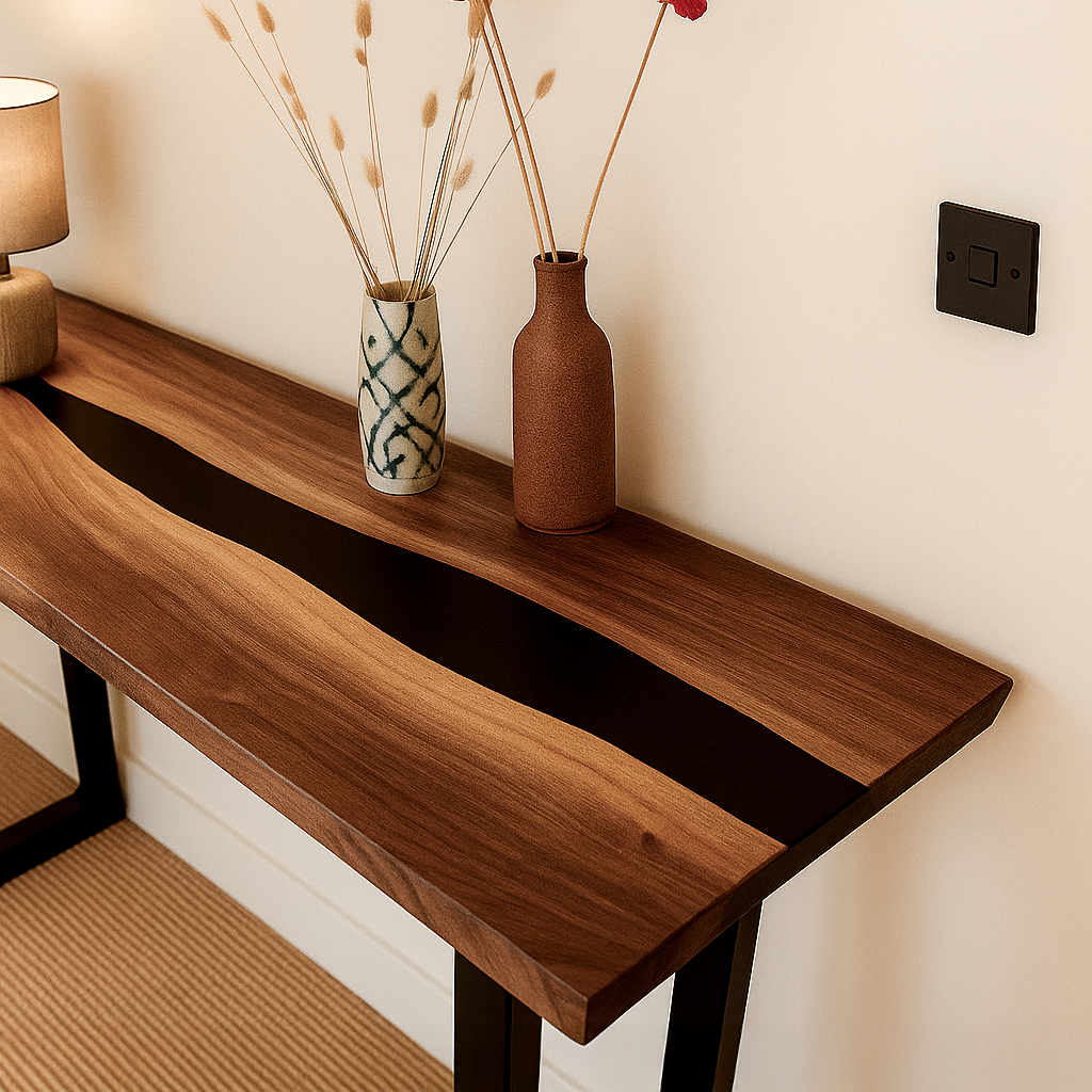 Live Edge Walnut Console with Black Epoxy Resin