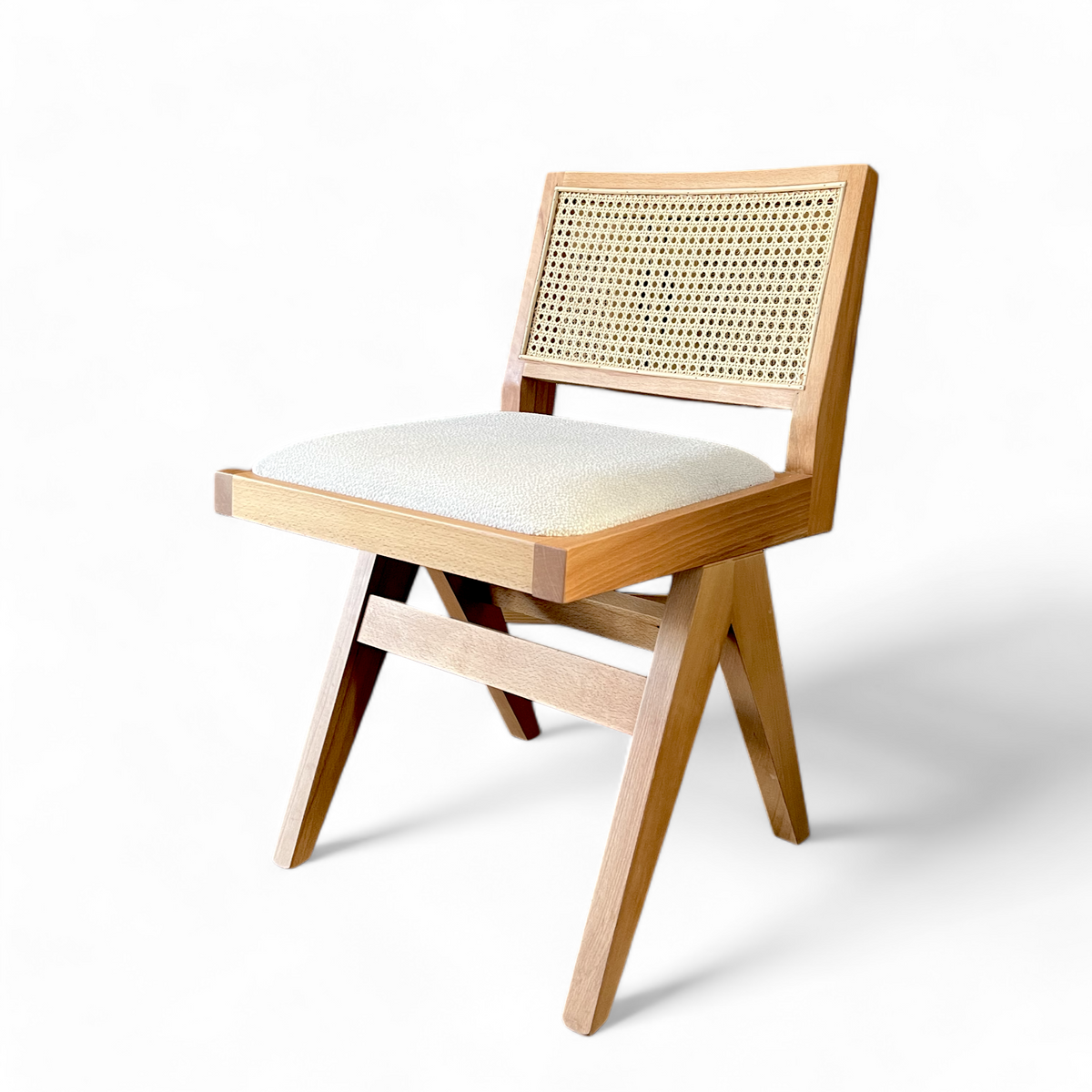 Pierre Wooden Rattan Dining Chair with Upholstered Seat without Armrest