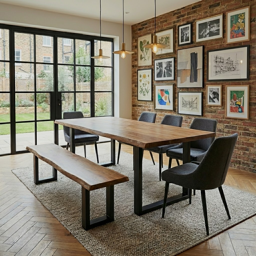 Live Edge Walnut Dining Table with Metal Legs | 6 or 8 or 10 Seater Industrial Design Walnut Table