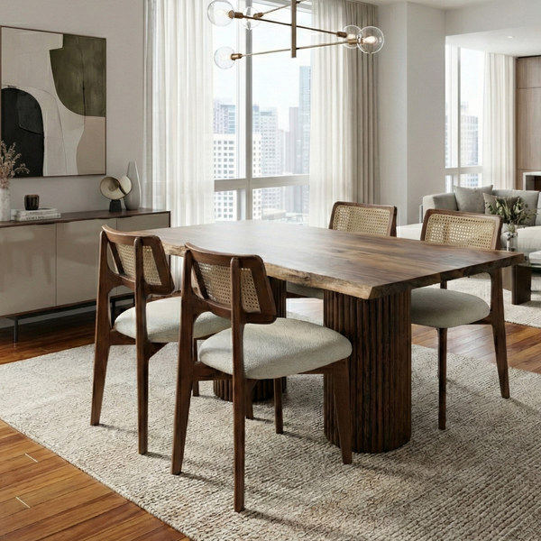 Walnut Stained Cane Dining Chair with Upholstered Seat