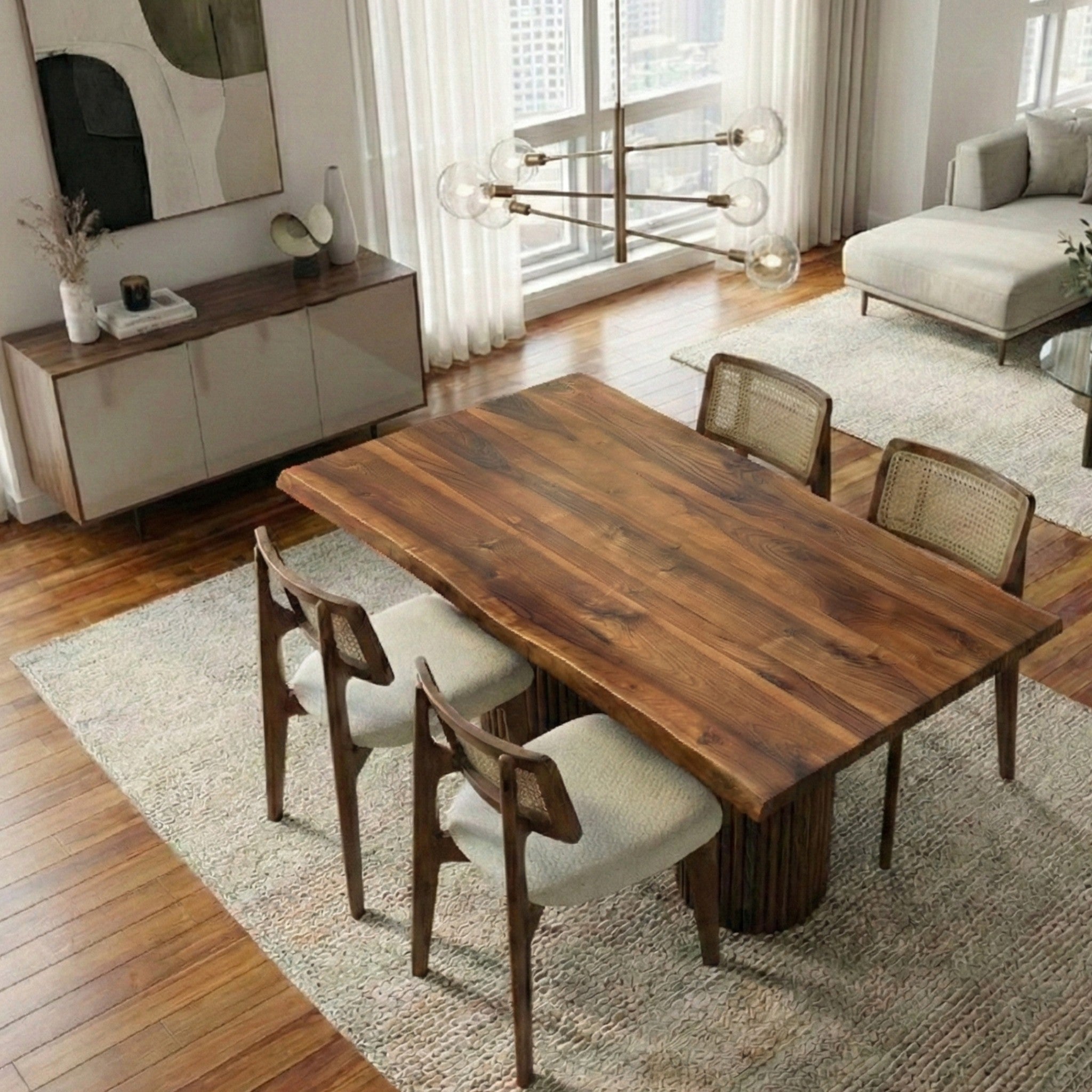 Walnut Stained Cane Dining Chair with Upholstered Seat