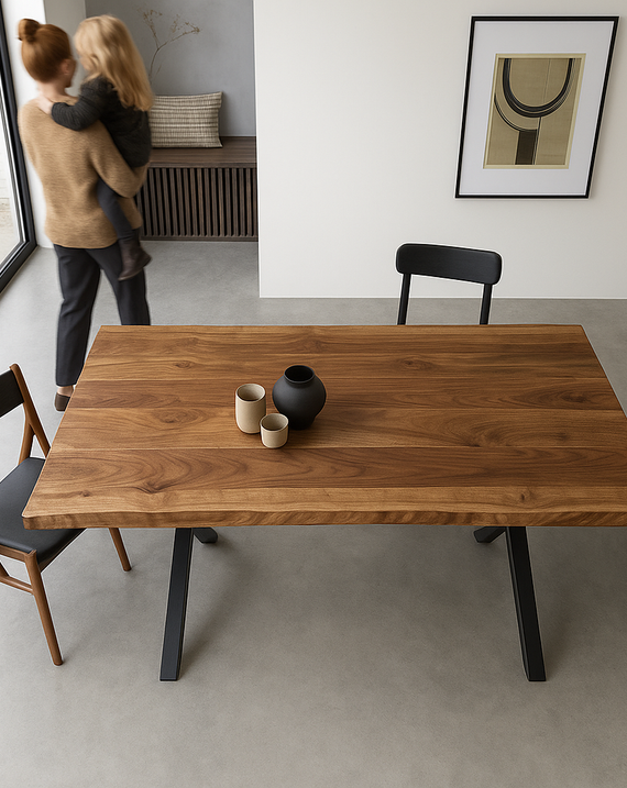 Live Edge Walnut Dining Table with Metal Legs | 6 or 8 or 10 Seater Industrial Design Walnut Table