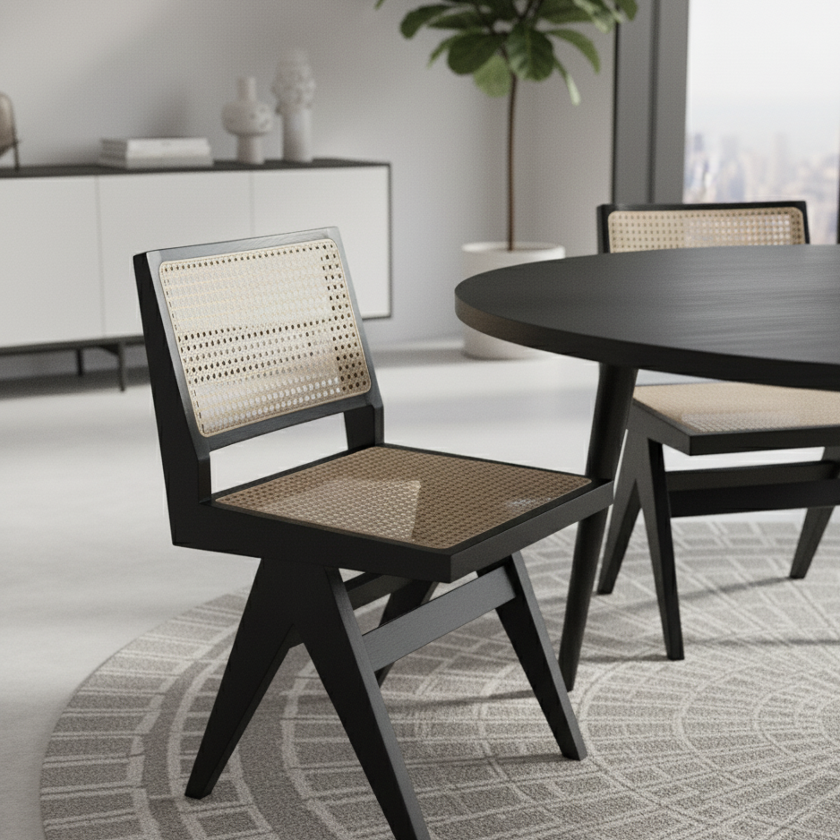 Pierre Black Wooden Natural Rattan Dining Chair
