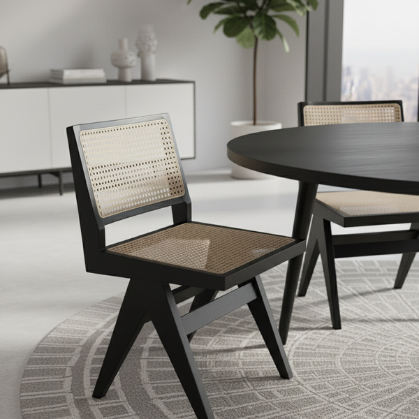 Pierre Black Wooden Natural Rattan Dining Chair