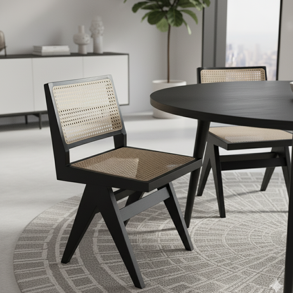 Pierre Black Wooden Natural Rattan Dining Chair