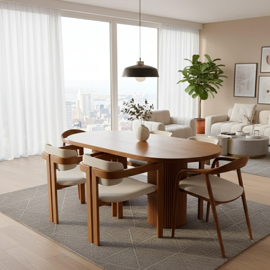 Comfortable Walnut Dining Chair with Curved Design and Bouclé Upholstery