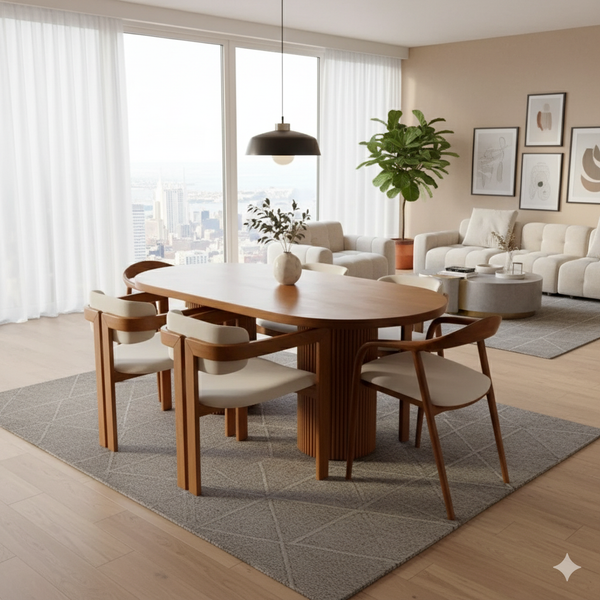 Comfortable Walnut Dining Chair with Curved Design and Bouclé Upholstery