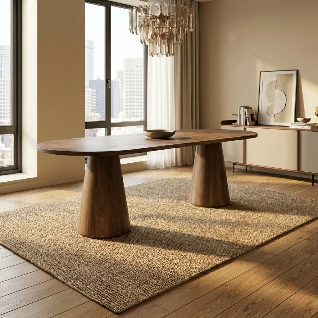 Oval Dark Walnut Dining Table with Walnut Wood Double Pedestal