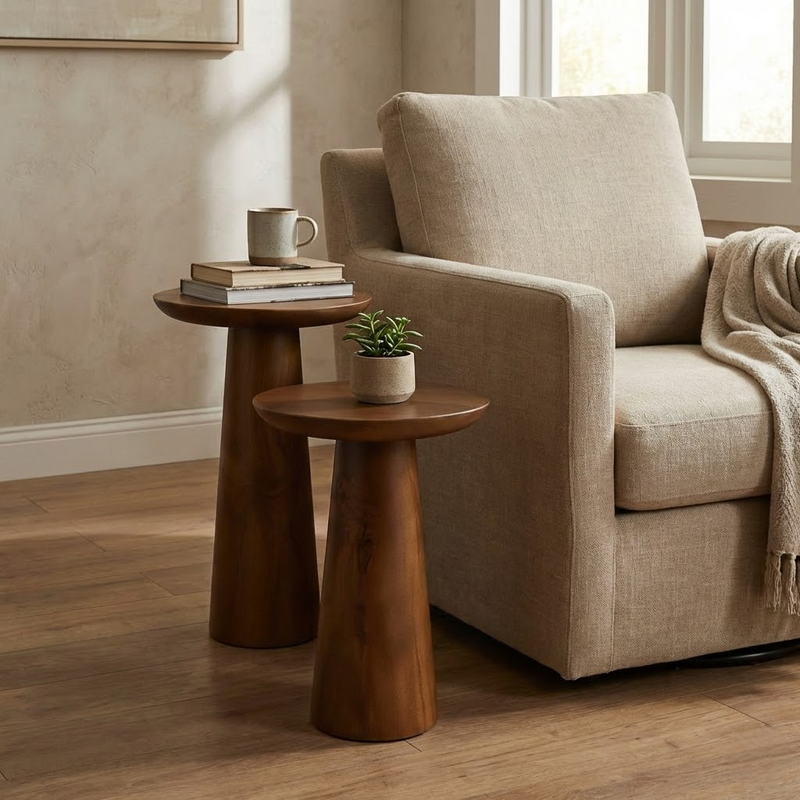 Mushroom Solid Wood Round Coffee Table | Walnut Wood  Colour End Table | Side Table