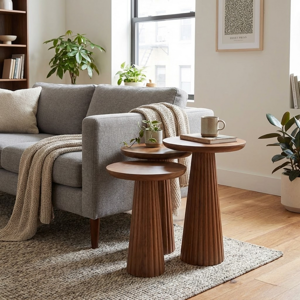 Fluted Walnut Mushroom Solid Wood Round End Table | Ribbed Walnut Colour Side Table