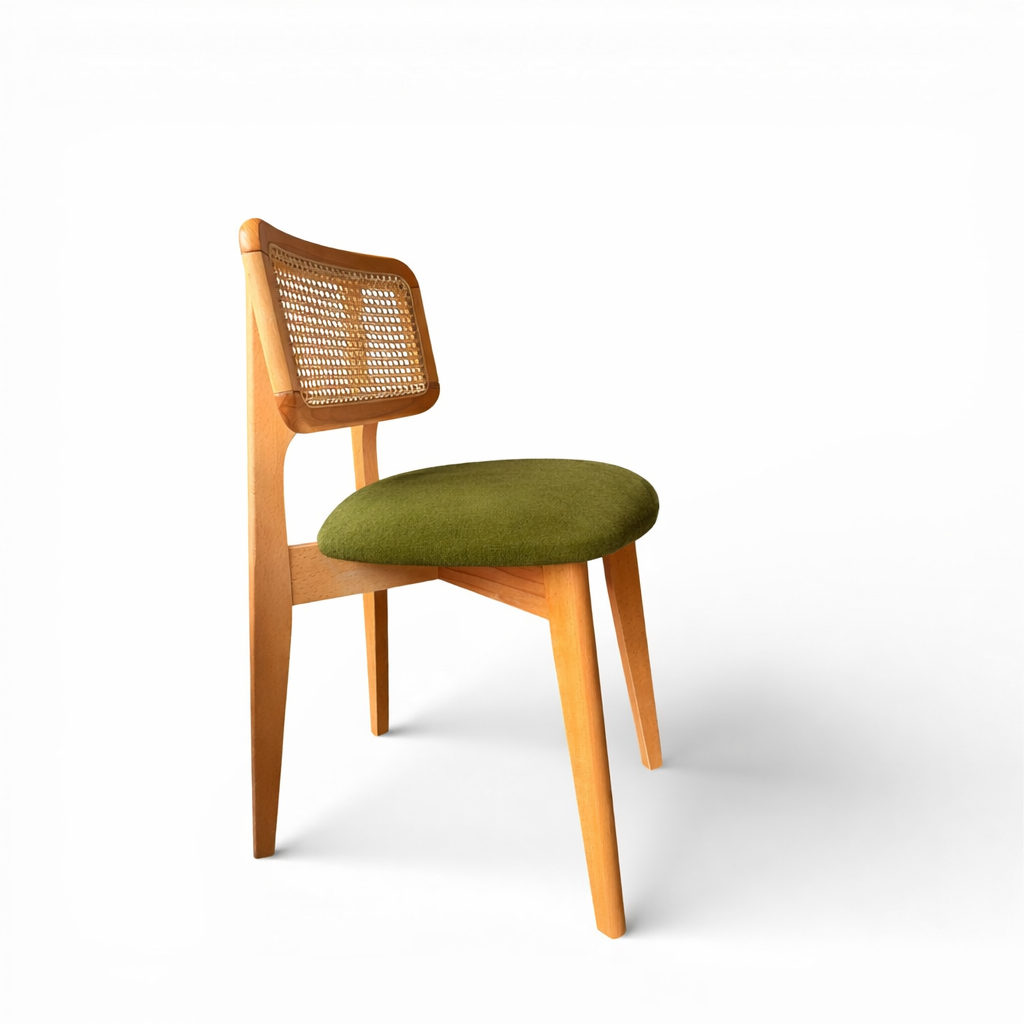 Natural Wood Rattan Dining Chair with Upholstered Seat