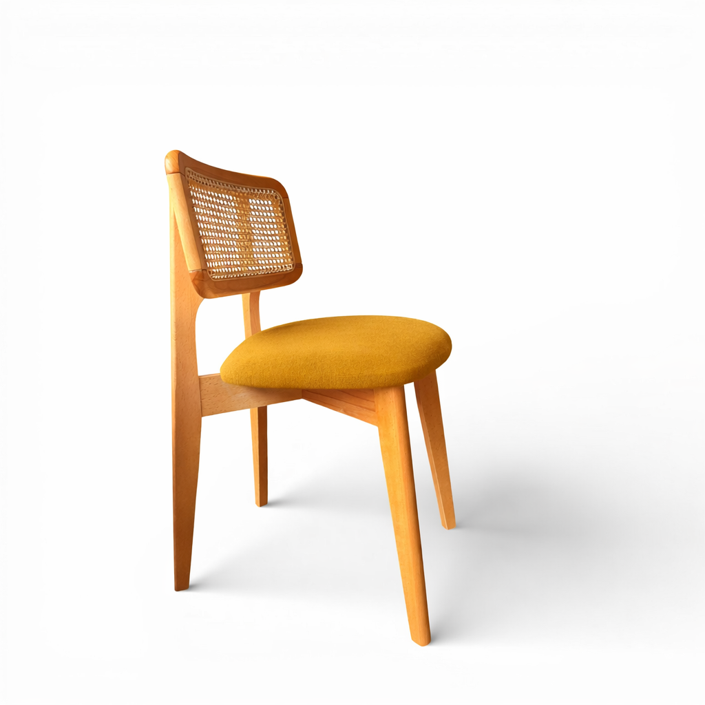 Natural Wood Rattan Dining Chair with Upholstered Seat