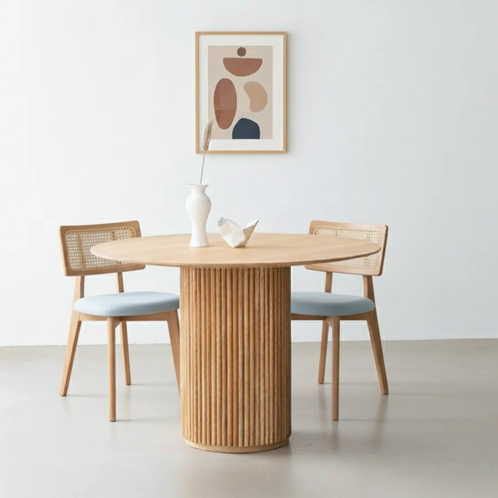 Set of 6 Wood Rattan Dining Chairs, Natural