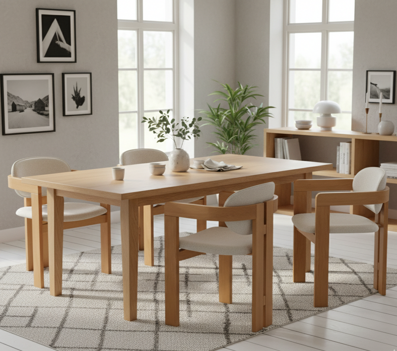 Comfortable Natural Dining Chair with Curved Design and Bouclé Upholstery