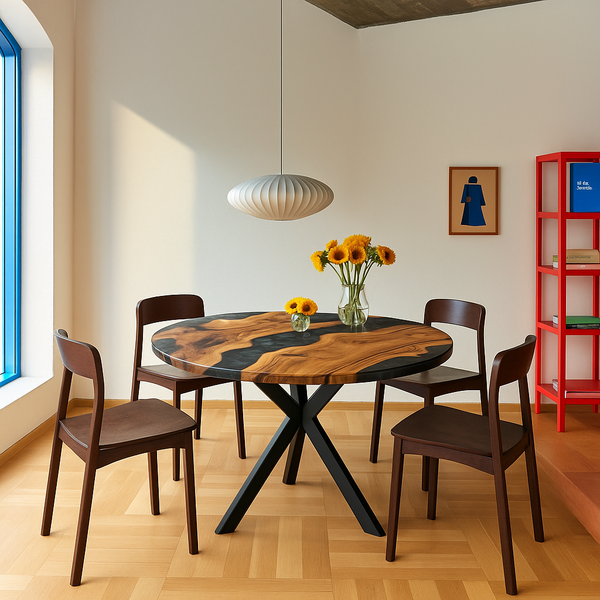 Round Walnut Grey Epoxy Resin River Table with Wood Starburst Leg