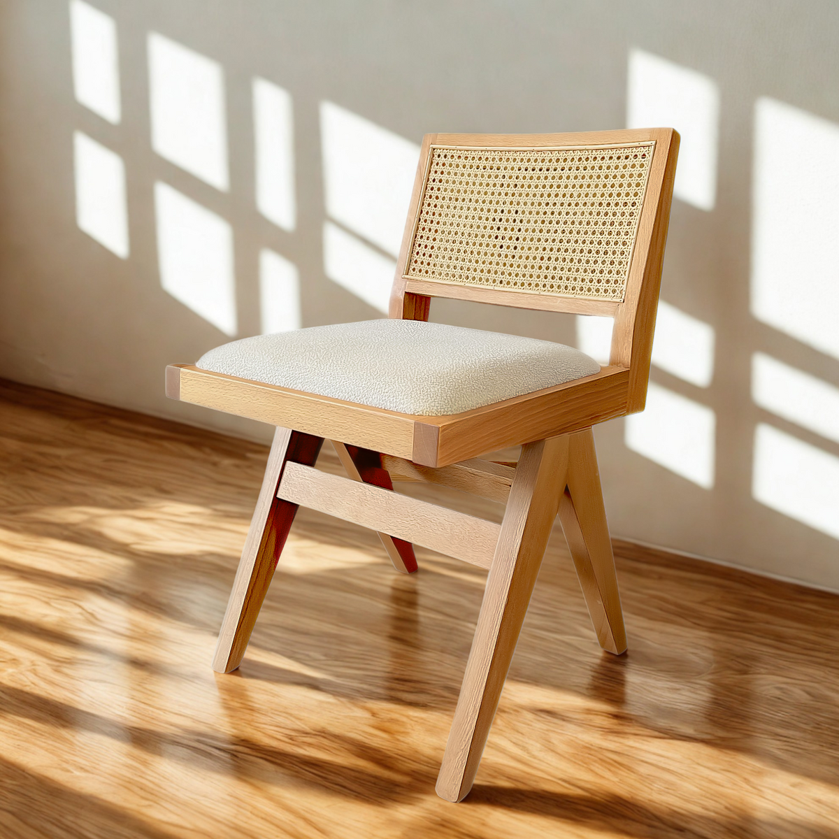 Pierre Wooden Rattan Dining Chair with Upholstered Seat without Armrest