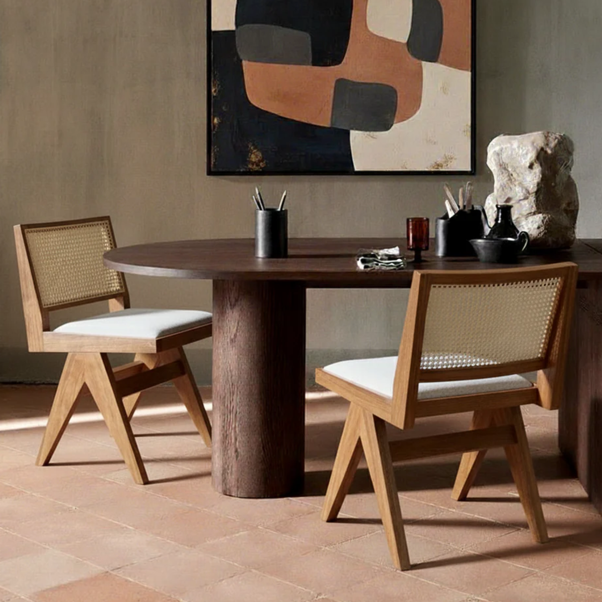 Set of 2 Pierre Wooden Rattan Dark Oak Dining Chair with Upholstered Seat without Armrest