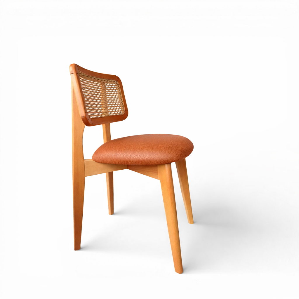 Natural Wood Rattan Dining Chair with Upholstered Seat