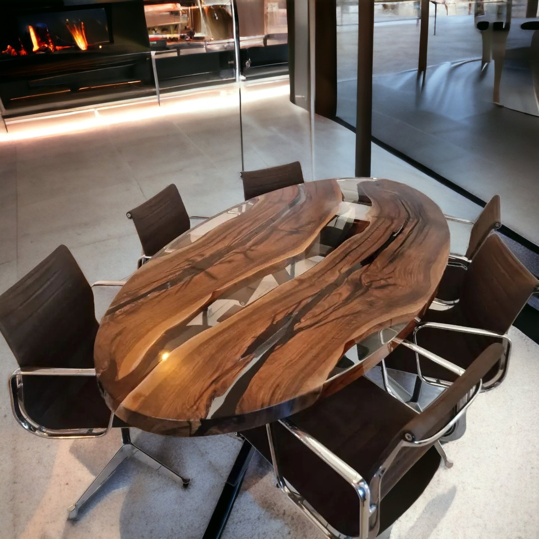 Oval Ellipse Walnut Transparent Epoxy Conference Table