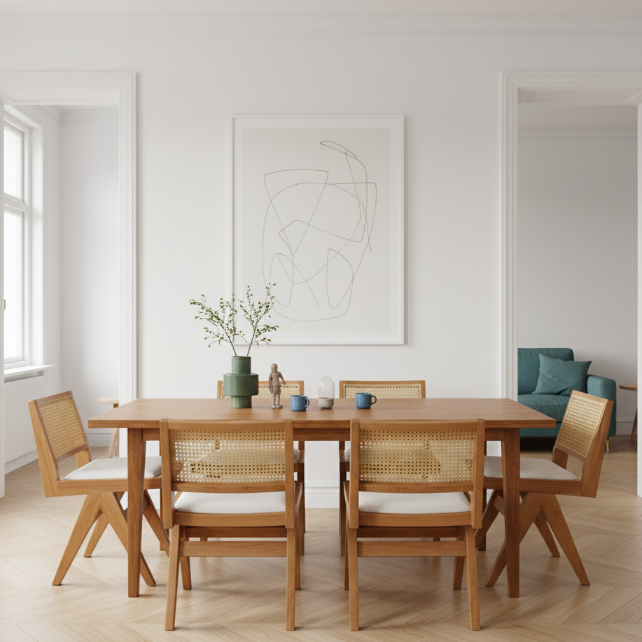 Pierre Wooden Rattan Dining Chair with Upholstered Seat without Armrest