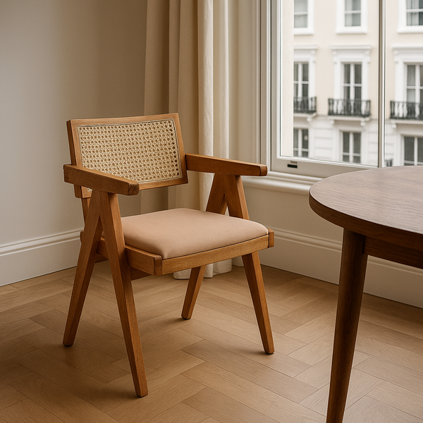 Pierre Rattan Dining Chair with Upholstered Seat and Armrest (Dark Oak Frame)