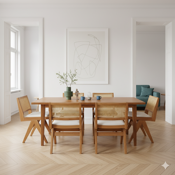 Pierre Wooden Rattan Dining Chair with Upholstered Seat without Armrest