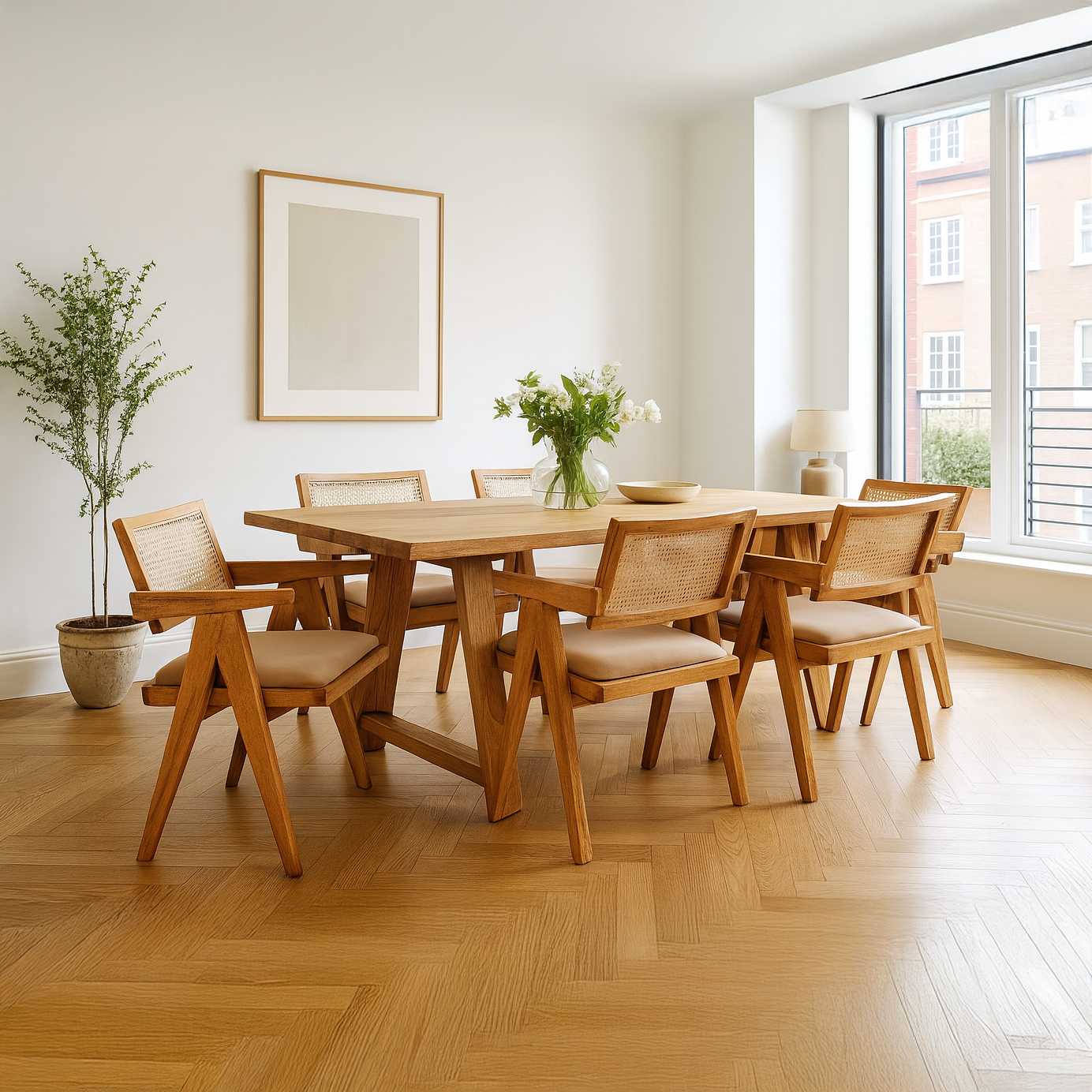 Pierre Rattan Dining Chair with Upholstered Seat and Armrest (Dark Oak Frame)