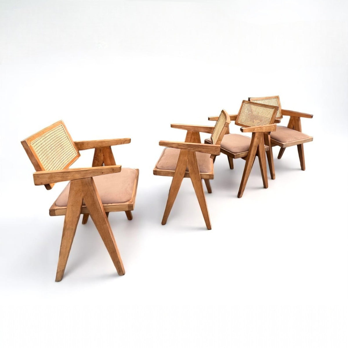 Set of 4 Pierre Rattan Dining Chair with Upholstered Seat and Armrest (Dark Oak Frame)