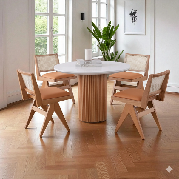 Pierre Wooden Rattan Light Oak Dining Chair with Tan Leather Seat