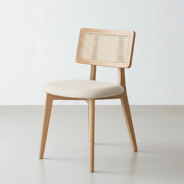 Natural Wood Rattan Dining Chair with Upholstered Seat
