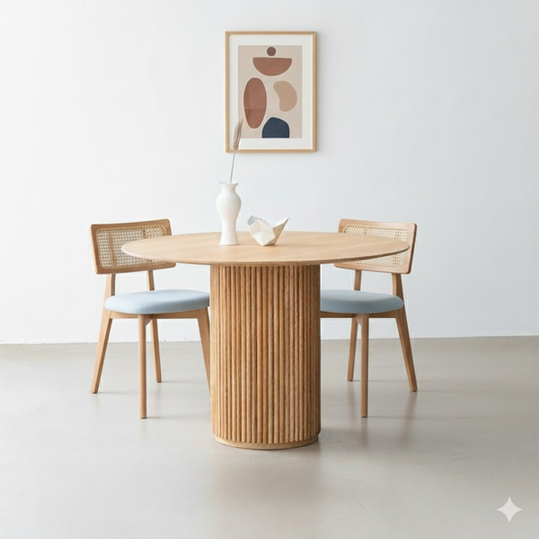Natural Wood Rattan Dining Chair with Upholstered Seat