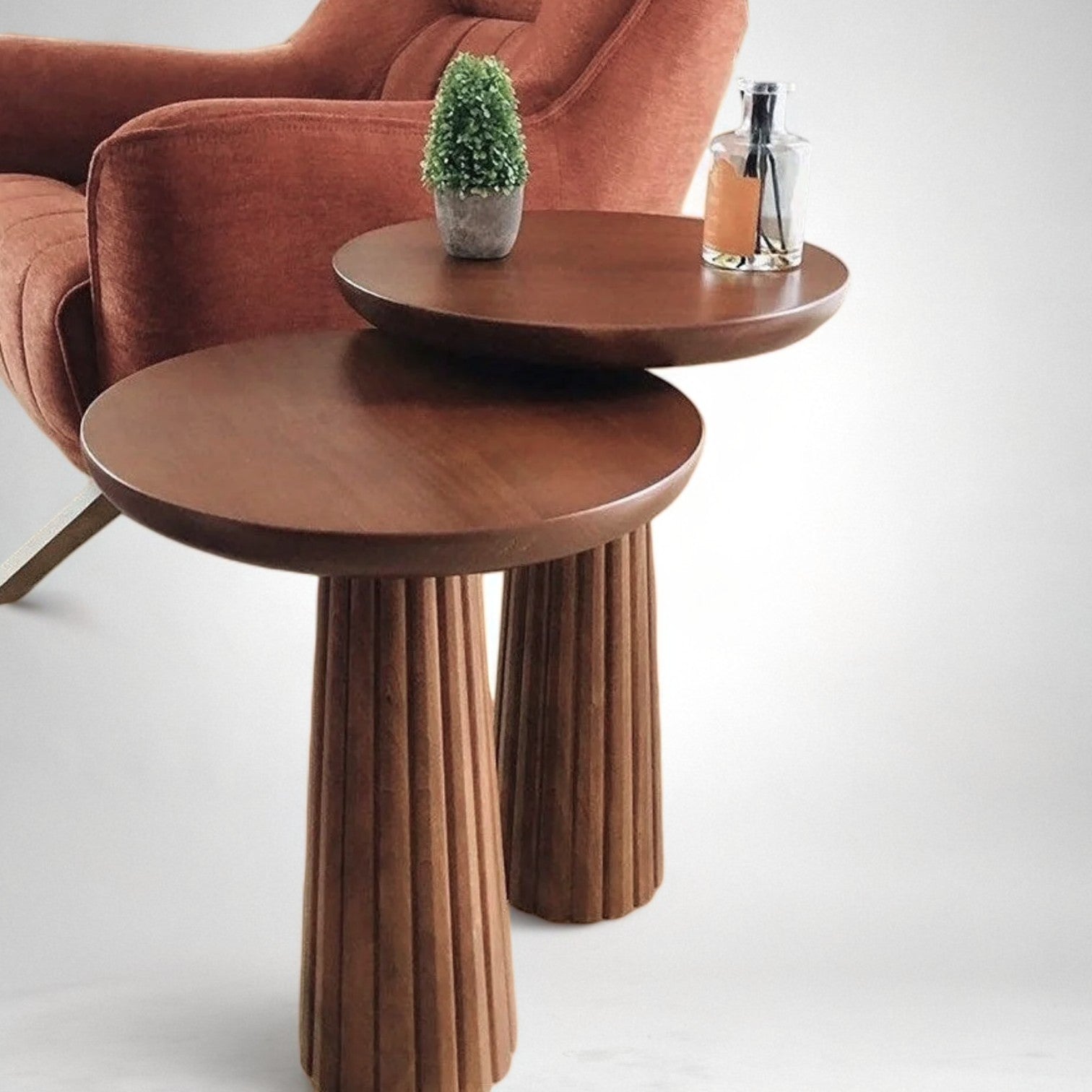 Fluted Walnut Mushroom Solid Wood Round End Table | Ribbed Walnut Colour Side Table