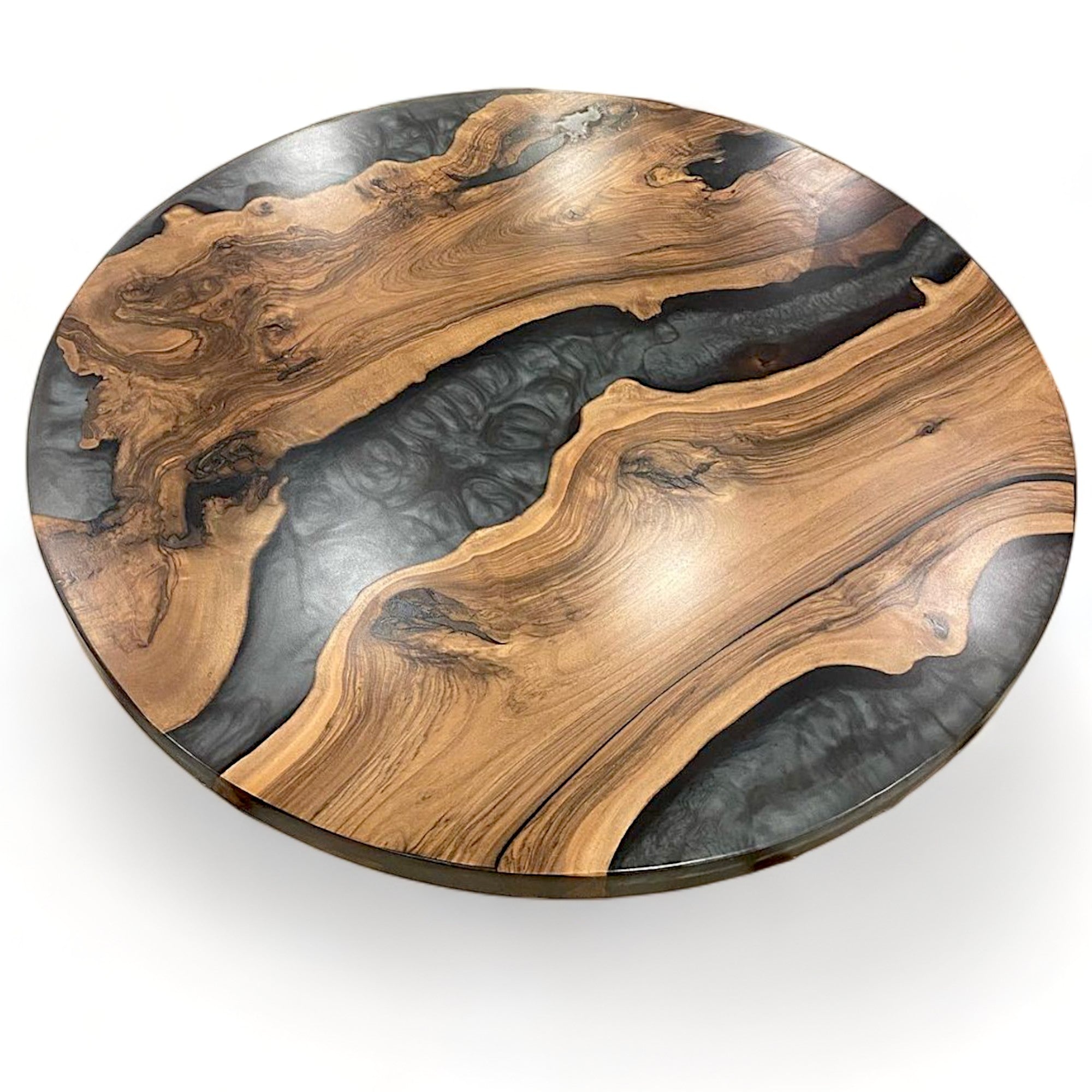 Round Walnut Grey Epoxy Resin River Table with Wood Starburst Leg